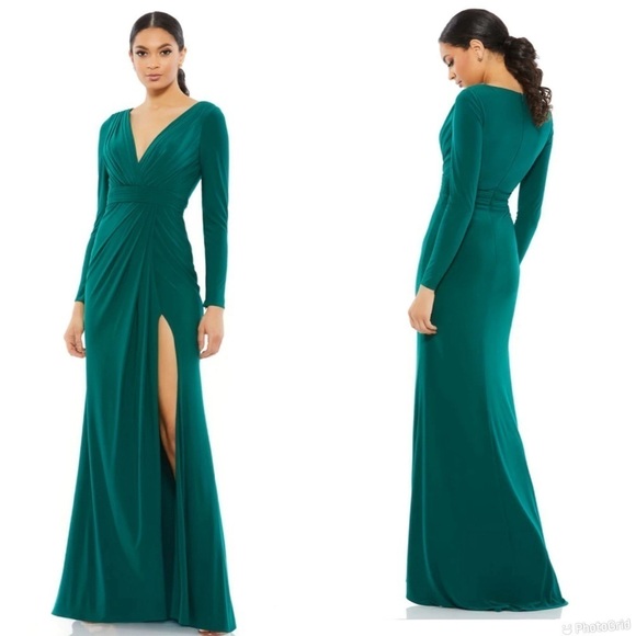 Mac Duggal V Neck Long Sleeve High Slit Gown - Picture 1 of 9